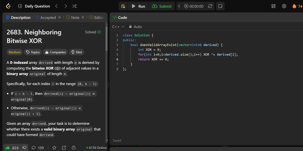 🚀 #LeetCode POTD (Day 74) ✅

💡 Approach (Bit Manipulation) :

1️⃣ In a circular XOR, original[0] repeats twice, so XOR of all derived must be 0.
2️⃣ Compute XOR of all derived elements.
3️⃣ Return true if XOR == 0, else false.
