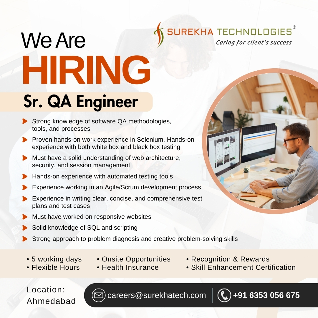 surekhatech's tweet photo. ๐ฏ Hiring: Senior QA Engineer ๐
Join us to deliver top-notch software!
โ
Selenium & automation tools
โ
QA methodologies & Agile
โ
SQL, scripting & test plans
๐
Apply: https://t.co/tZ4V2J5vZP
๐ฉ careers@surekhatech.com
๐ +91 63530 56675
#SurekhaTech #Hiring #QAEngineer https://t.co/hlXXwRCk77