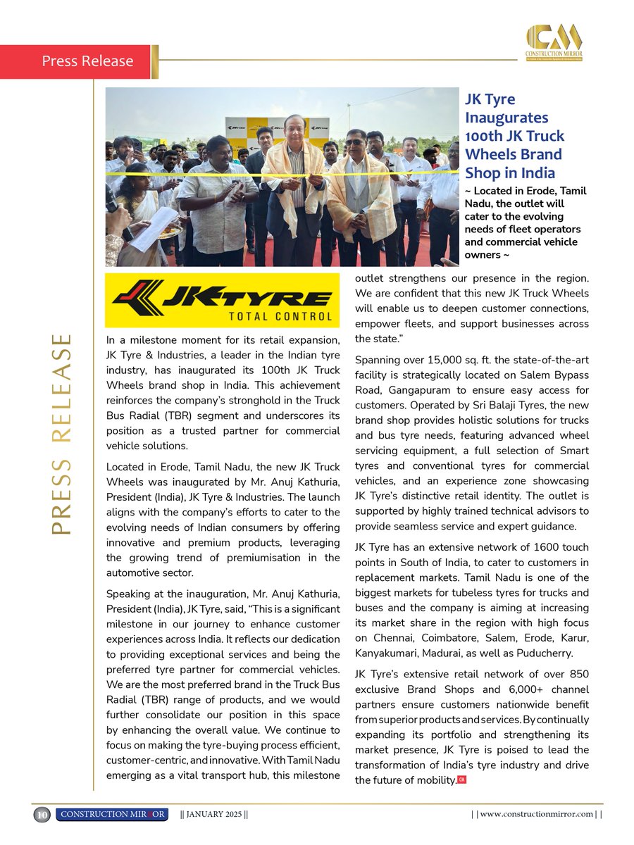 constructioncm1's tweet image. 🚛✨ JK Tyre celebrates a landmark moment with the inauguration of its 100th JK Truck Wheels Brand Shop in India!  Setting new benchmarks in innovation and service across the nation.

Read more: constructionmirror.com/Home/article_s…

#JKTyre #TruckWheels #constructionmirror