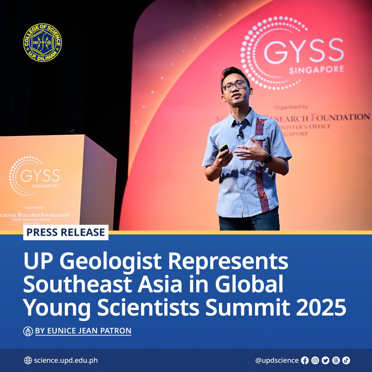 UPDscience's tweet photo. 🛰️ Dr. John Dale Dianala from the National Institute of Geological Sciences presented his research on the earthquake potential of faults using satellites at the recently concluded Global Young Scientists Summit (GYSS) 2025.

🔗 Read here: https://t.co/XAkr9Gd63G https://t.co/6E1S6x2baP