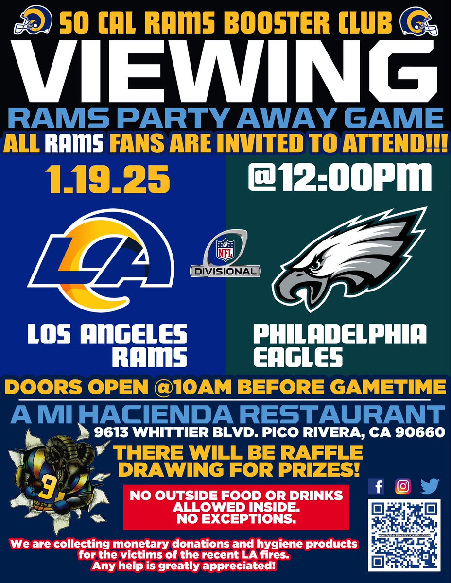 SoCalRamsBC's tweet photo. JOIN US this SUNDAY for our @RamsNFL AWAY DIVISIONAL GAME!
โ ๏ธWE ARE COLLECTING MONETARY DONATIONS & HYGIENE PRODUCTS FOR THE VICTIMS OF THE RECENT LA FIRES. ANY HELP IS GREATLY APPRECIATEDโ ๏ธ
#SoCalRamsBoosterClub #SoCalRams
#RamsHouse https://t.co/FOMVBmLBo5