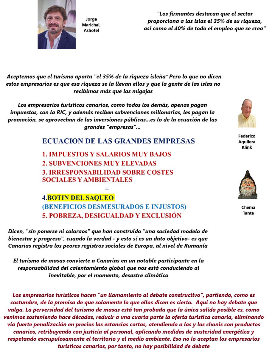 Las patronales reaccionan a las críticas contra el turismo: “Hemos logrado una sociedad modelo de bienestar y progreso” / El cinismo empresarial turístico canario se responde a sí mismo, comentan Federico Aguilera Klink y  Chema Tante lacasademitia.es/articulo/econo…  <a href="/lacasademitia/">La casa de mi tia</a>