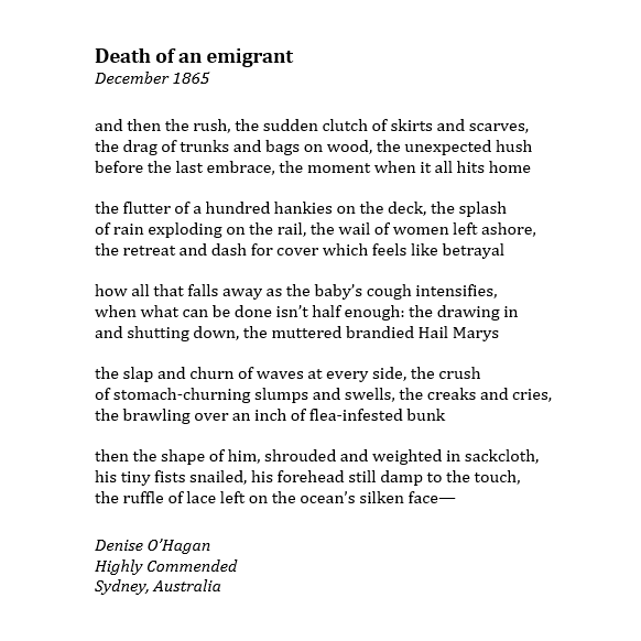 Denise O'Hagan (@deniseohagan3) on Twitter photo So pleased to have a poem in the beautiful anthology paint me! ‘Death of an emigrant’ was highly commended in the <a href="/NZPS/">NZ Poetry Society</a> 2024 – gratitude to the judge and the New Zealand Poetry Society Te Rōpū Toikupu o Aotearoa🙏
#poetrycommunity #poetrycompetition #irishfamine #emigration So pleased to have a poem in the beautiful anthology paint me! ‘Death of an emigrant’ was highly commended in the <a href="/NZPS/">NZ Poetry Society</a> 2024 – gratitude to the judge and the New Zealand Poetry Society Te Rōpū Toikupu o Aotearoa🙏
#poetrycommunity #poetrycompetition #irishfamine #emigration