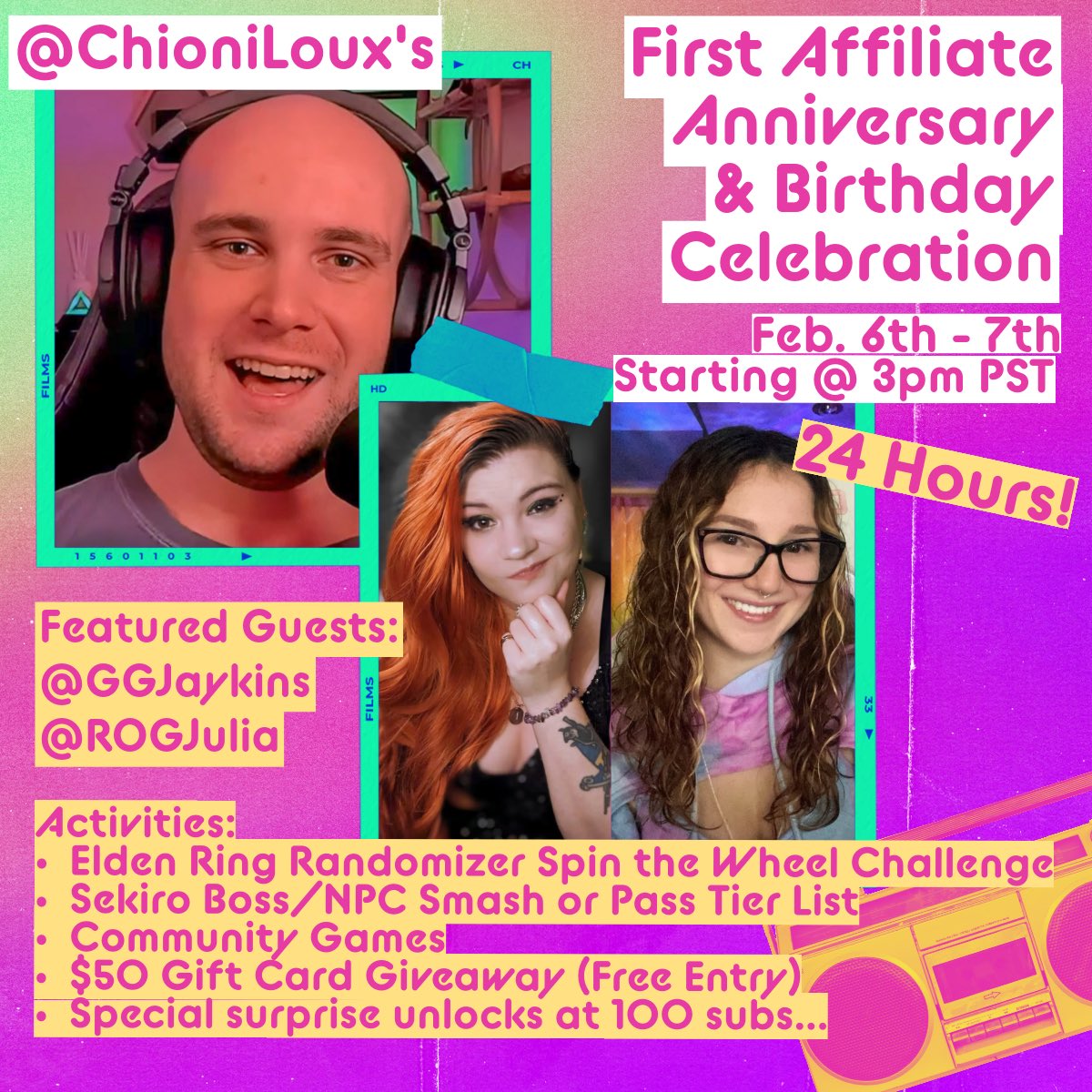 I’m excited to announce my first 24-hour stream celebrating 3 major milestones: 1-year streamerversary, 1-year affiliate anniversary, and 30th birthday! 🤩 Also two of my favorite streamers will join me for some fun segments you won’t want to miss! 🤪 More details coming soon!