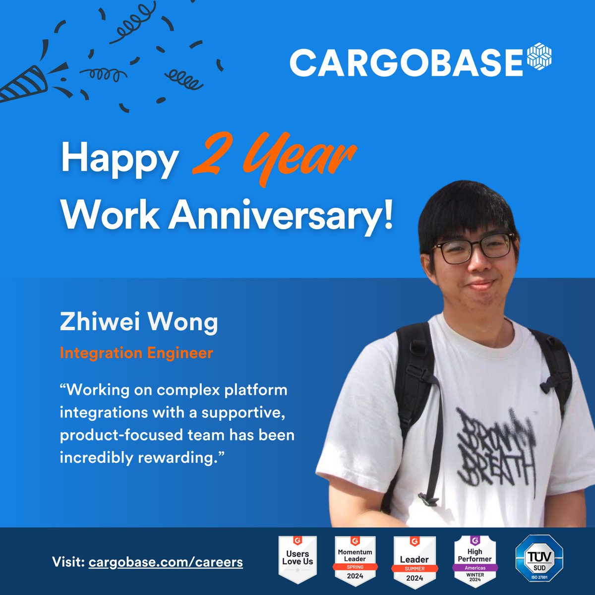 We’re celebrating Zhiwei Wong’s 2nd work #anniversary! As an Integration Engineer, he has successfully integrated many systems with our platform &amp; optimized workflows to ensure seamless, efficient data exchanges for our valued customers. Explore careers: loom.ly/LEqBhqM