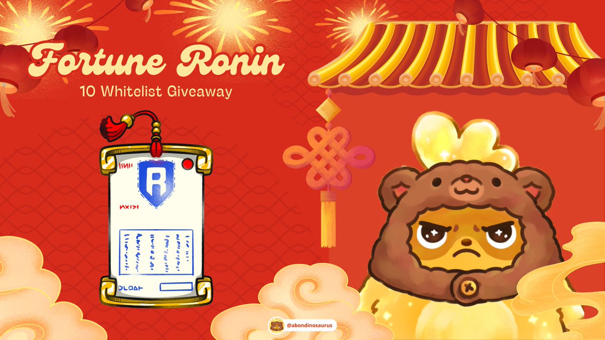 🐯 🧧  𝗪𝗛𝗜𝗧𝗘𝗟𝗜𝗦𝗧 𝗚𝗜𝗩𝗘𝗔𝗪𝗔𝗬 🧧 🐯 
10 Whitelist spots to mint Fortune Ronin

𝗦𝘁𝗲𝗽𝘀:
🔸 Follow <a href="/abondinosaurus/">abon</a> &amp; <a href="/FortuneRonin/">Fortune Ronin</a>
🔸 Like &amp; Repost 
🔸 Tag 3 friends
🔸 Drop your RONIN address (not RNS)
🔸 Join Discord discord.gg/442RjZCagy

⏰ Winner
