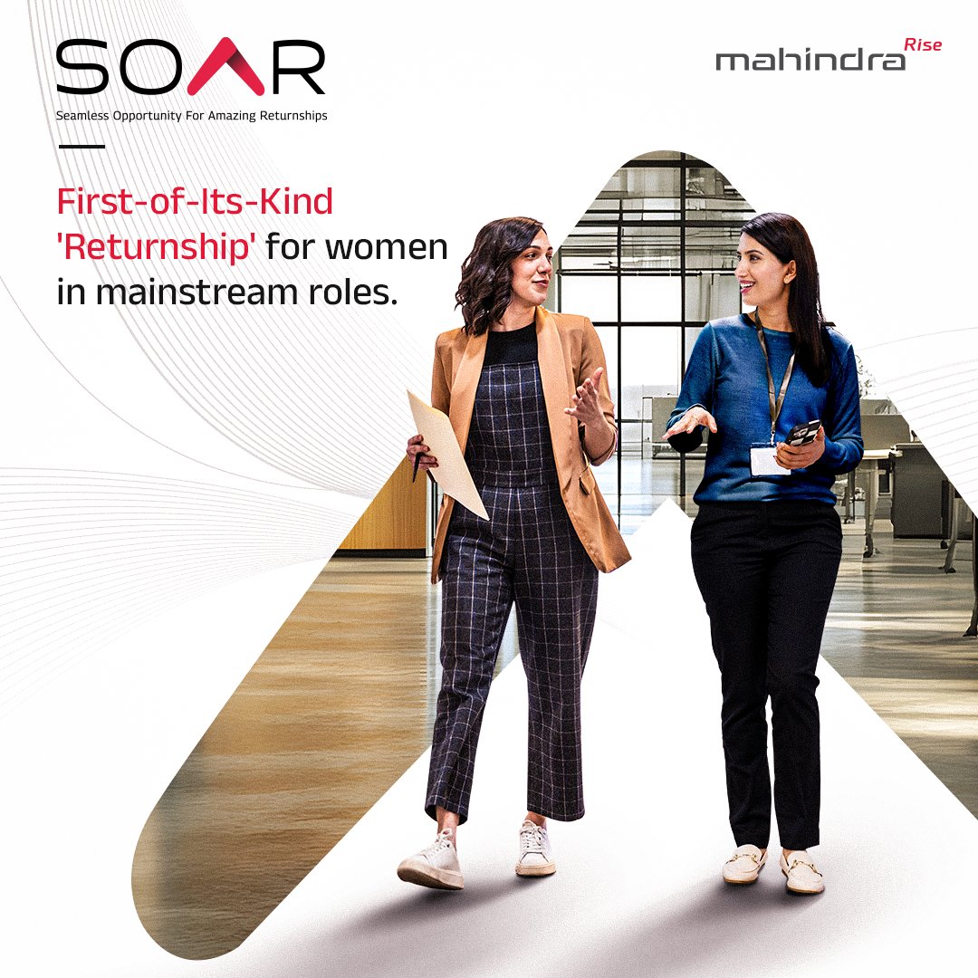 Presenting SOAR – our revolutionary returnship policy for women. Crafted to make her journey back to the workforce seamless and impactful, SOAR opens doors to full-time opportunities that empower, inspire, and elevate.

Click here to know more: mahindra.com/news-room/pres…