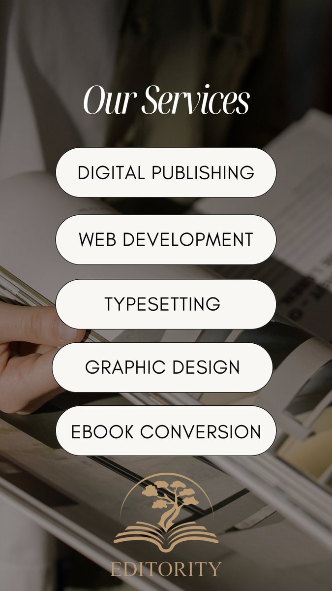 editority's tweet image. 🌟 Looking for professional publishing solutions? Editority offers a full range of services to bring your creative projects to life:
✅ Digital Publishing
✅ Typesetting
✅ Graphic Design
✅ eBook Conversion
#PublishingSolutions #IndieAuthors #Editority
