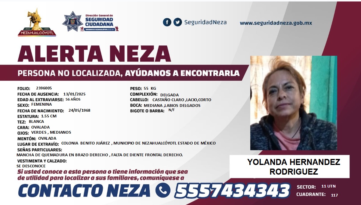 AlertaNeza's tweet image. #AlertaNeza 🆘 | Ayúdanos a localizar a #Yolanda Hernández Rodríguez.
Cualquier información, comunícate al 55 5743 4343.