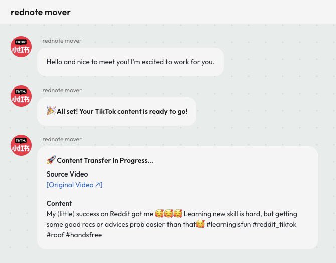 👀 still looking for solutions to migrate your TikTok content to Rednote📕

Give our Rednote X TikTok agent a try

🫵