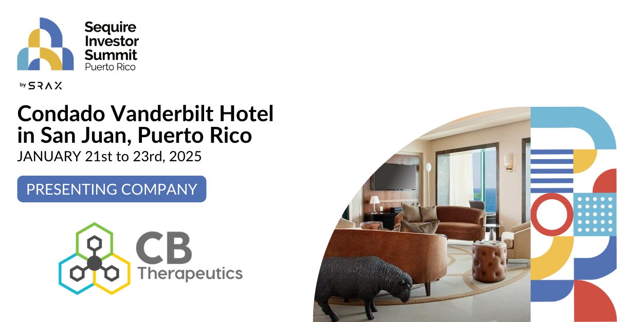 SRAX (@sraxmedia) on Twitter photo π <a href="/CBTherapeutics/">CB Therapeutics</a> is taking the stage at the Sequire Investor Summit!
cbthera.com
π
January 21st - 23rd, 2025
π Condado Vanderbilt Hotel, San Juan, Puerto Rico
π puertorico.srax.com
#SequireInvestorSummit π <a href="/CBTherapeutics/">CB Therapeutics</a> is taking the stage at the Sequire Investor Summit!
cbthera.com
π
January 21st - 23rd, 2025
π Condado Vanderbilt Hotel, San Juan, Puerto Rico
π puertorico.srax.com
#SequireInvestorSummit