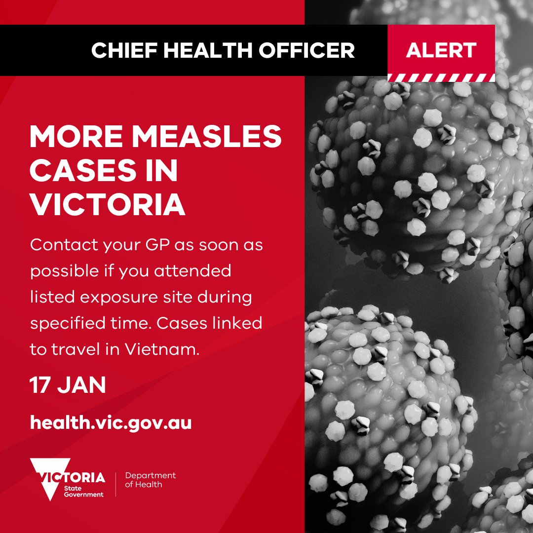 Two new measles cases have been reported in Victoria who were infectious across Melbourne in mid-Jan
 
People who attended listed exposure sites during specified times on 15 or 16 January should contact their GP as soon as possible

Exposure sites: go.vic.gov.au/3WlDhkW

1/6