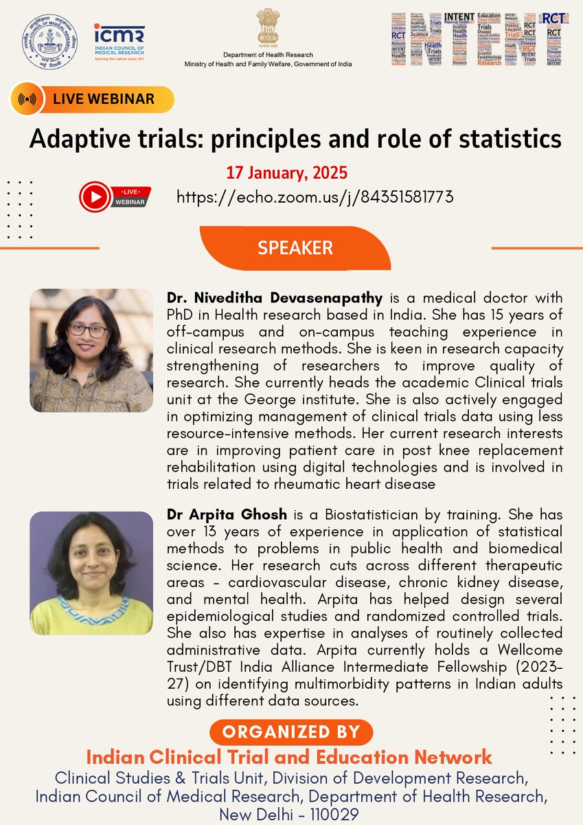 ICMR (@icmrdelhi) on Twitter photo Explore "Adaptive Trials: Principles and Role of Statistics" with insights from Dr. Niveditha Devasenapathy & Dr. Arpita Ghosh <a href="/GeorgeInstIN/">The George Institute for Global Health India</a>. Don't miss out on great ideas in clinical research!
📅 17 Jan 2025 | 🕓 4:00 - 5:15 PM
echo.zoom.us/j/84351581773 Explore "Adaptive Trials: Principles and Role of Statistics" with insights from Dr. Niveditha Devasenapathy & Dr. Arpita Ghosh <a href="/GeorgeInstIN/">The George Institute for Global Health India</a>. Don't miss out on great ideas in clinical research!
📅 17 Jan 2025 | 🕓 4:00 - 5:15 PM
echo.zoom.us/j/84351581773