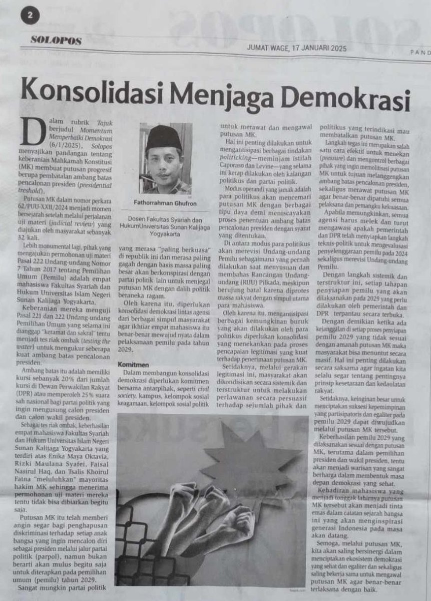 2000Fathur's tweet photo. Berbagi tulisan lagi ttg peran penting 4 Mahasiswa Fakultas Syariah dan Hukum UIN Sunan Kalijaga di MK yang tayang di Solo Pos hari ini (jumat 17 Juni 25). Tulisan ini melengkapi 4 tulisan sebelumnya oleh para kolega UIN Suka... https://t.co/Gl50FJzrX6
