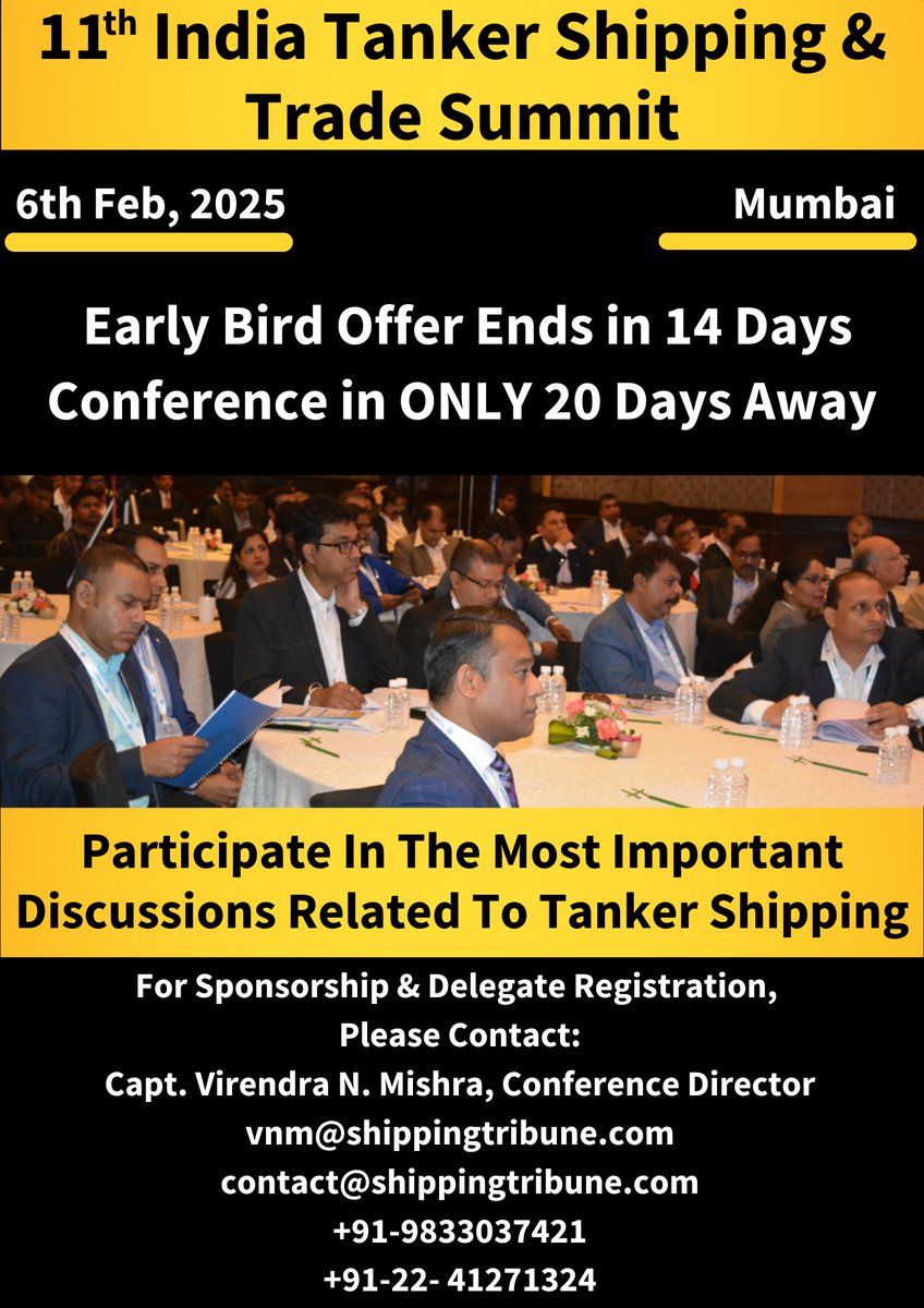 Participate in the Most Important Discussions Related to Tanker Shipping, EARLY Bird Offer Ends in 14 Days

#india #tanker #shipping #trade #summit #mumbai #oil #gas #chemical #oneday #conference