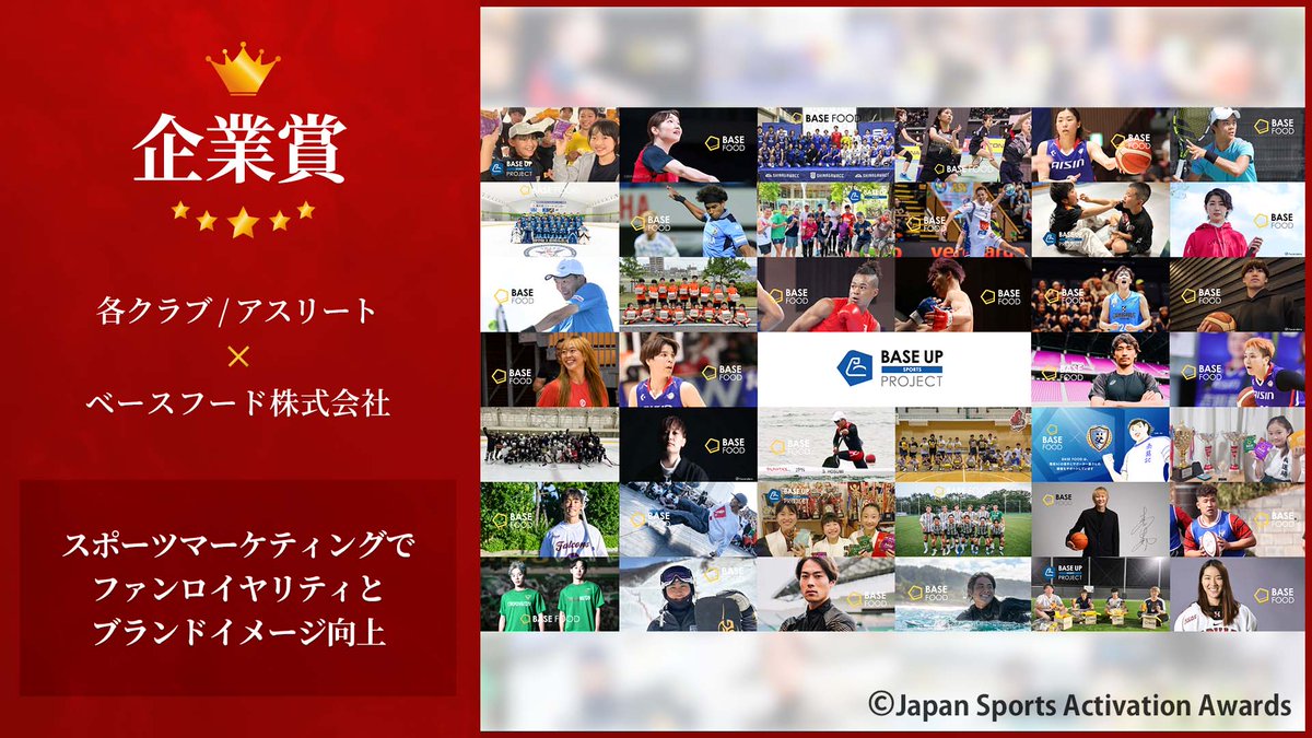 ActivationAward's tweet photo. Japan Sports Activation Awards 2024
━━━━━━━━━━━━━━━━━★

🏆企業賞🏆
スポーツマーケティングでファンロイヤリティとブランドイメージ向上❤️📈

クラブ：各クラブ / アスリート
企業：ベースフード株式会社（ @BASEFOOD ）

#ActivationAwards https://t.co/MVbqjFOMuo