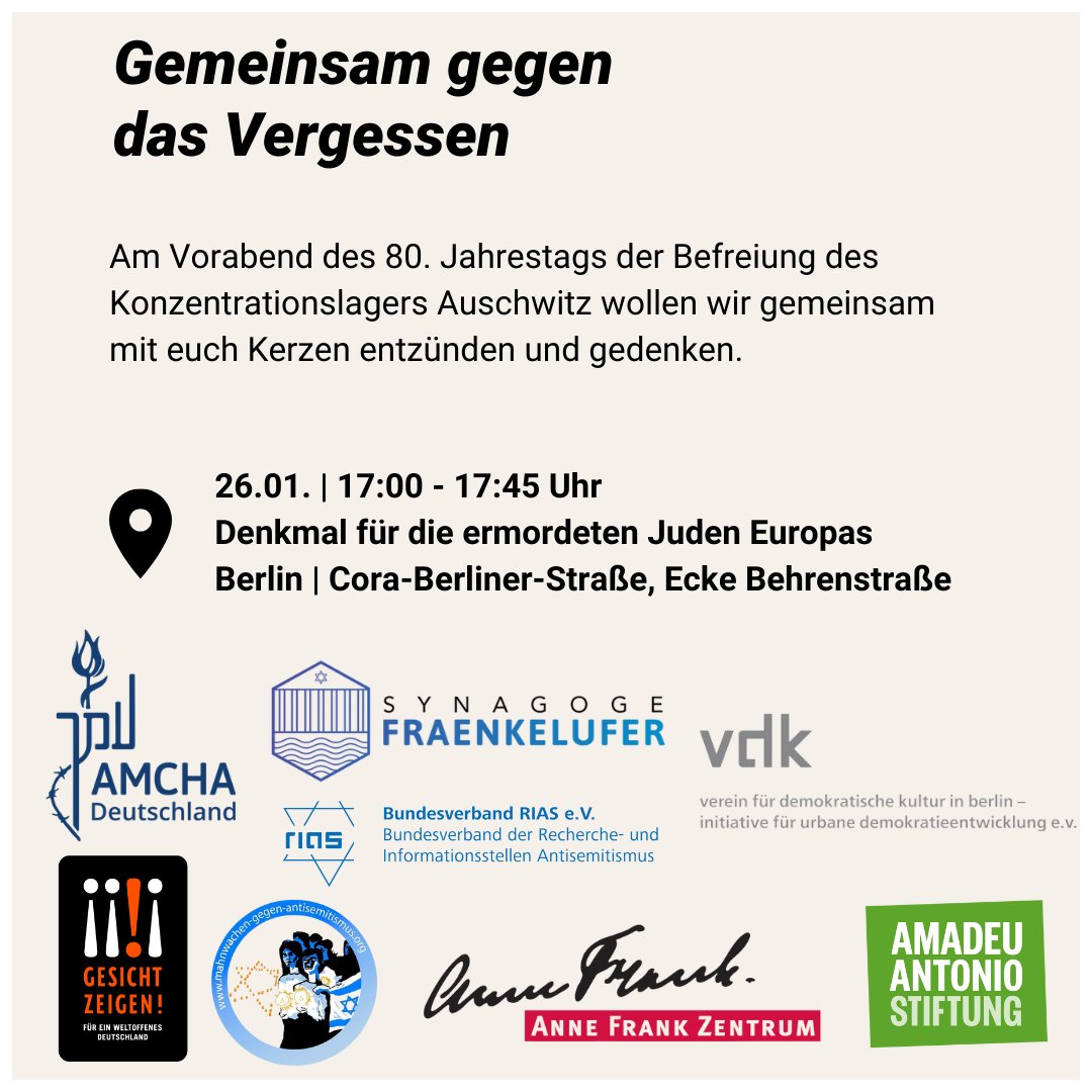 Am Vorabend des 80. Jahrestags der Befreiung des Konzentrationslagers Auschwitz gedenken wir der sechs Millionen ermordeten Jüdinnen und Juden und rufen dazu auf, sich auch heute dem alltäglichen und wieder erstarkenden Antisemitismus mit aller Entschlossenheit entgegenzutreten.