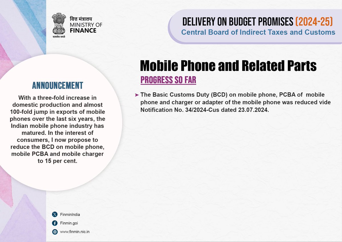 To encourage domestic value creation, CBIC <a href="/cbic_india/">CBIC</a> reduced Basic Customs Duty on:

✅ Precious Metals 
✅ Mobile Phone and Related Parts 

#BudgetForViksitBharat