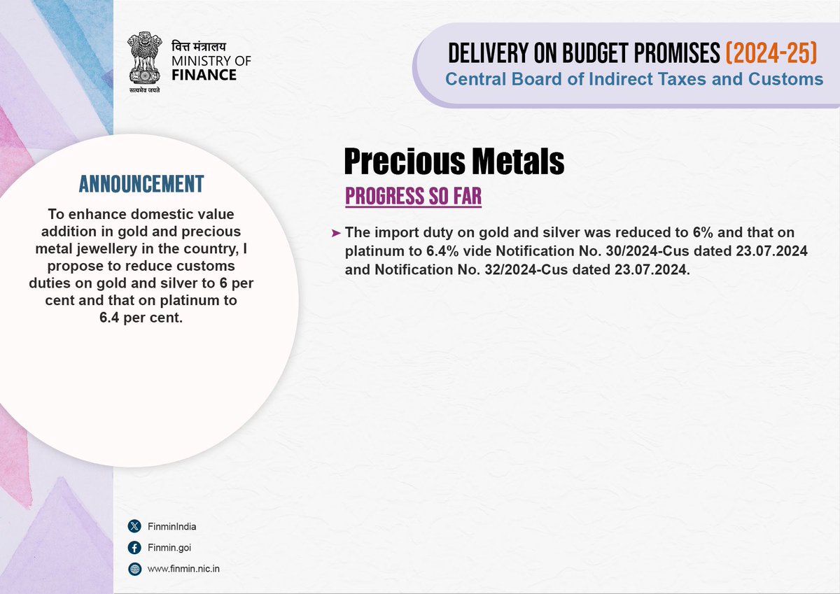 FinMinIndia's tweet photo. To encourage domestic value creation, CBIC @cbic_india reduced Basic Customs Duty on:

✅ Precious Metals 
✅ Mobile Phone and Related Parts 

#BudgetForViksitBharat https://t.co/cQypqhxifM