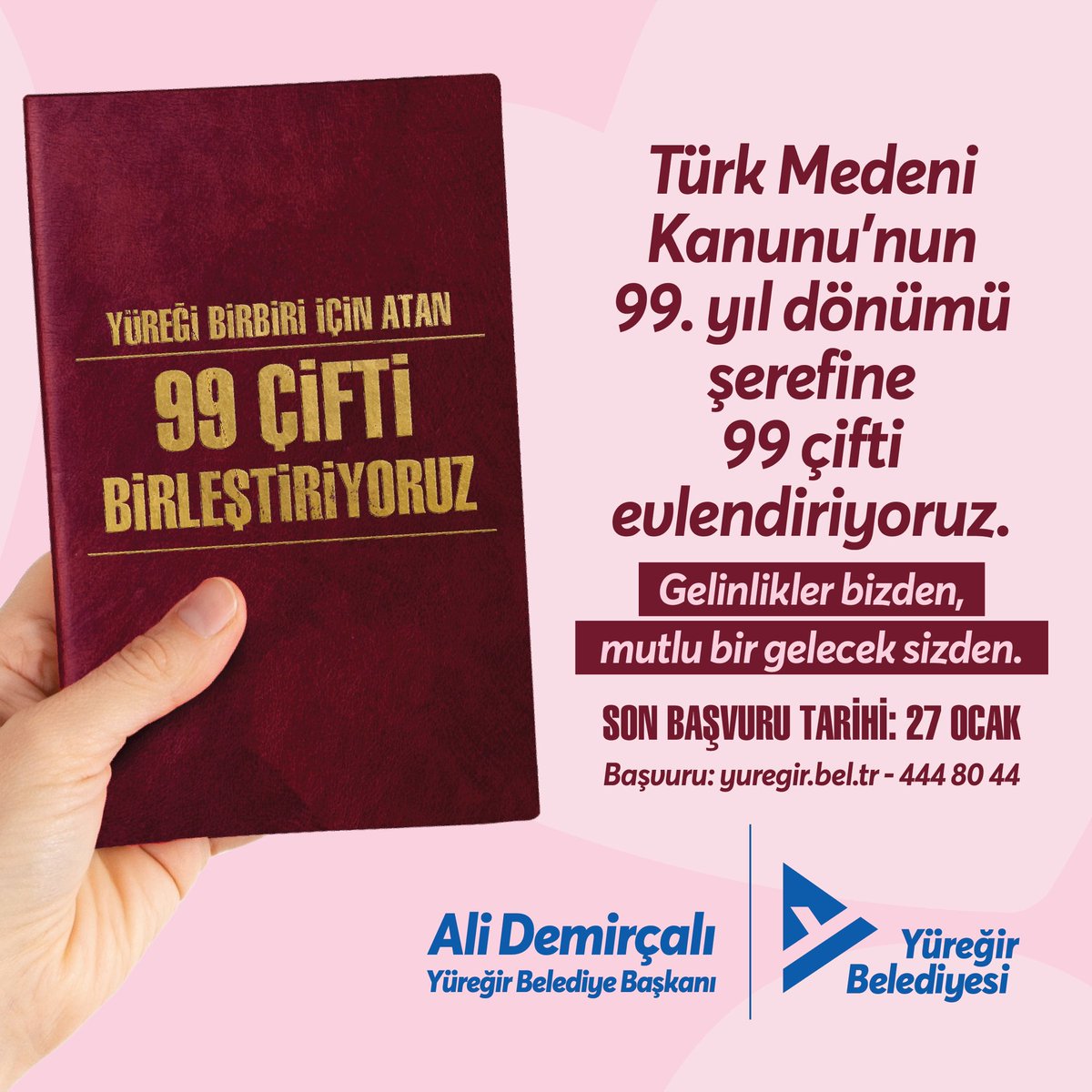 AliDemircali's tweet photo. Gelinlikler Bizden 
Mutlu Bir Gelecek Sizden ❤️👰‍♀️

Türk Medeni Kanunu’nun 99. yılı şerefine resmi nikahı olmayan 99 evli çiftimizi *evlendiriyoruz*

Son başvuru; 27 Ocak Pazartesi 

Detaylı bilgi için ☎️ 444 80 44 https://t.co/5BIEUoqvDo
