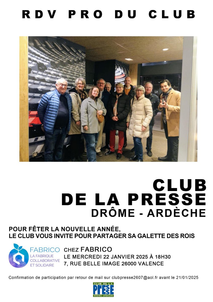 clubpresse2607's tweet photo. Adhérents journalistes et communicants de @clubpresse2607 de #drome  #Ardeche, on confirme vite sa part de galette sur clubpresse2607@aol.fr. Cette année, c'est le tiers-lieu Fabrico  #Valence @frtierslieux @cedillepro qui nous accueille le 22/01 à 18h30. https://t.co/6yOVBI0BAs