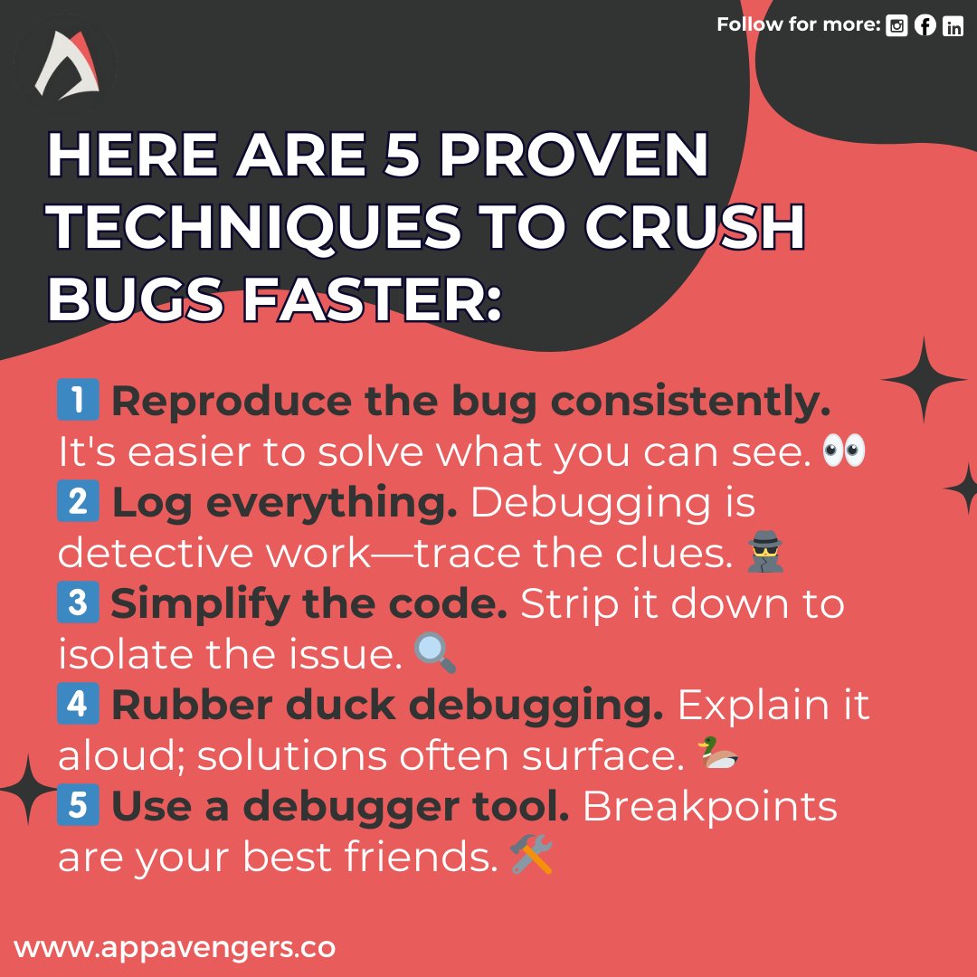 appavengers's tweet photo. Debugging doesn’t have to be a nightmare! Master these 5 techniques and turn bugs into opportunities for learning. What’s your favorite debugging hack?
#Coding #ProgrammingTips #Debugging #TechTips #CodeLife #DeveloperMindset https://t.co/LfcbsmNWhi
