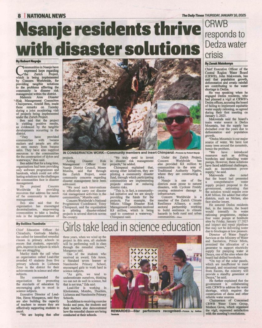 Concern Worldwide Malawi (@concernmalawi) on Twitter photo 🎉 Exciting news! 🎉
Our Community Disaster Fund project was featured in the Daily Times yesterday! 📰
We’re incredibly proud of the impact it’s had on communities. A big thank you to our dedicated teams in Nsanje and beyond for making it a success! 💪
<a href="/ZCRAlliance/">Zurich Climate Resilience Alliance</a> 🎉 Exciting news! 🎉
Our Community Disaster Fund project was featured in the Daily Times yesterday! 📰
We’re incredibly proud of the impact it’s had on communities. A big thank you to our dedicated teams in Nsanje and beyond for making it a success! 💪
<a href="/ZCRAlliance/">Zurich Climate Resilience Alliance</a>