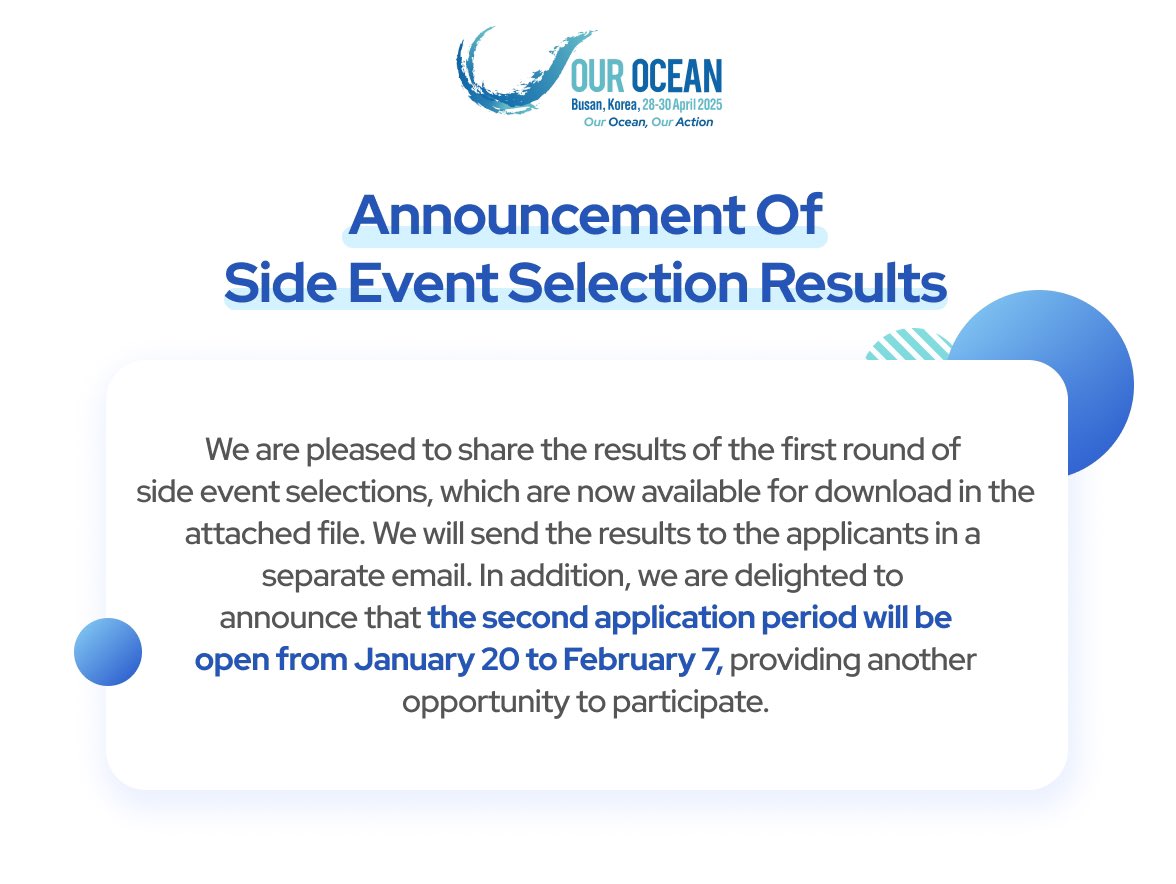 Thank you for submitting your side event💙
 
Your enthusiasm is truly appreciated! Your interest and support in making the 10th Our Ocean Conference a success.