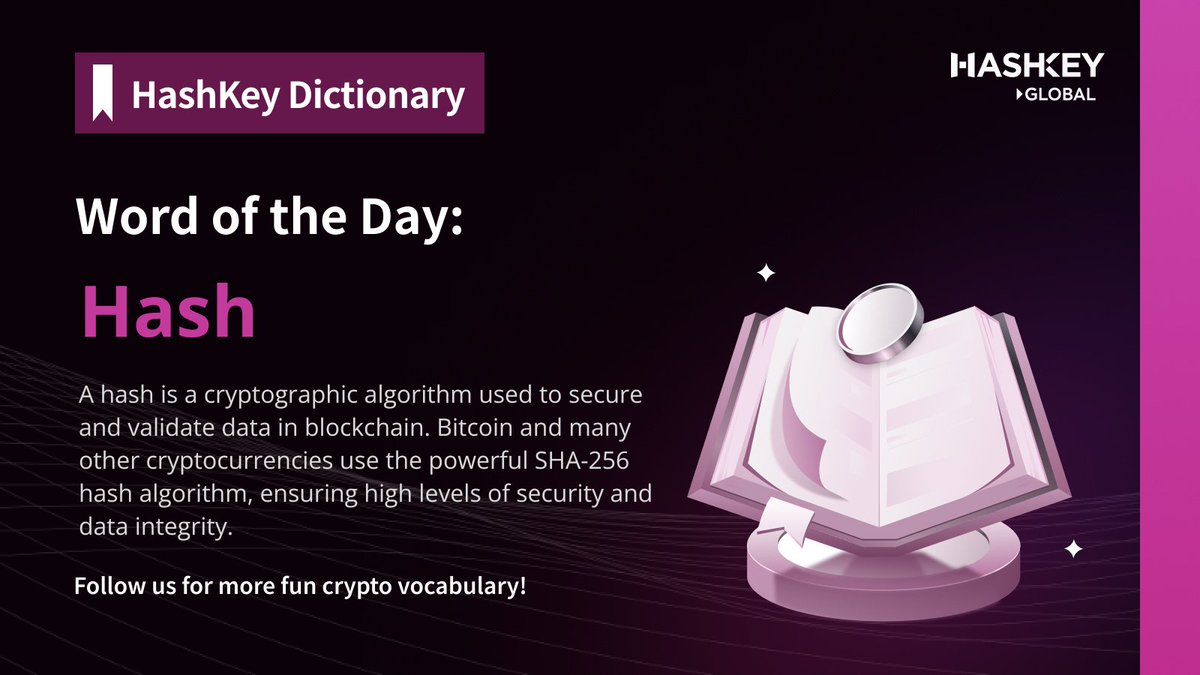 HashKey_Global's tweet photo. ๐ #HashKeyDictionary Word of the Day: #Hash
A hash is a cryptographic algorithm used to secure and validate data in blockchain. #Bitcoin and many other cryptocurrencies use the powerful SHA-256 hash algorithm, ensuring high levels of security and data integrity.
๐ Every blockchain transaction can be traced using its unique hash value. Follow us for more fun crypto vocabulary! Check out the full #HashKeyDictionary ๐ https://t.co/cljkqu884R