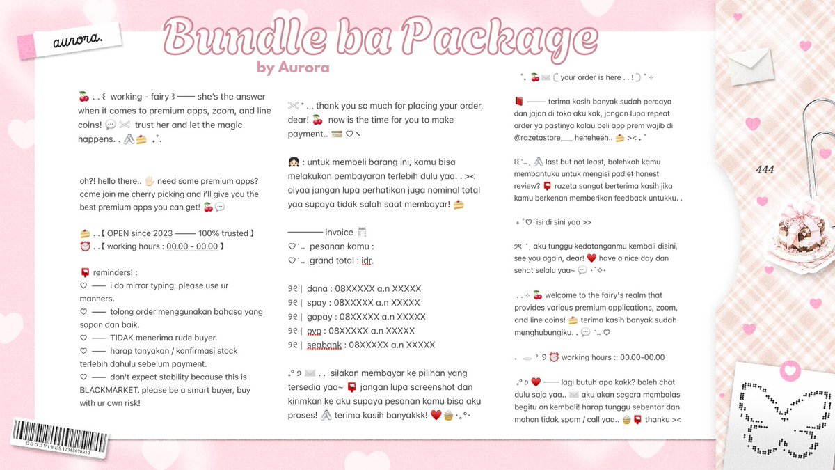 kyeomieyo's tweet image. hari gini toko kamu belum punya wording bundle for ba?? rugi dongg..! yuk percantik toko kamu dengan wording bundle dari aurora 🎀🧁 diskon 10% loh~ 

( . . ♡ ) —— include : bio X, bio wabis, greetings, away message, promosi, payment, after payment, thank you 

#zonauang