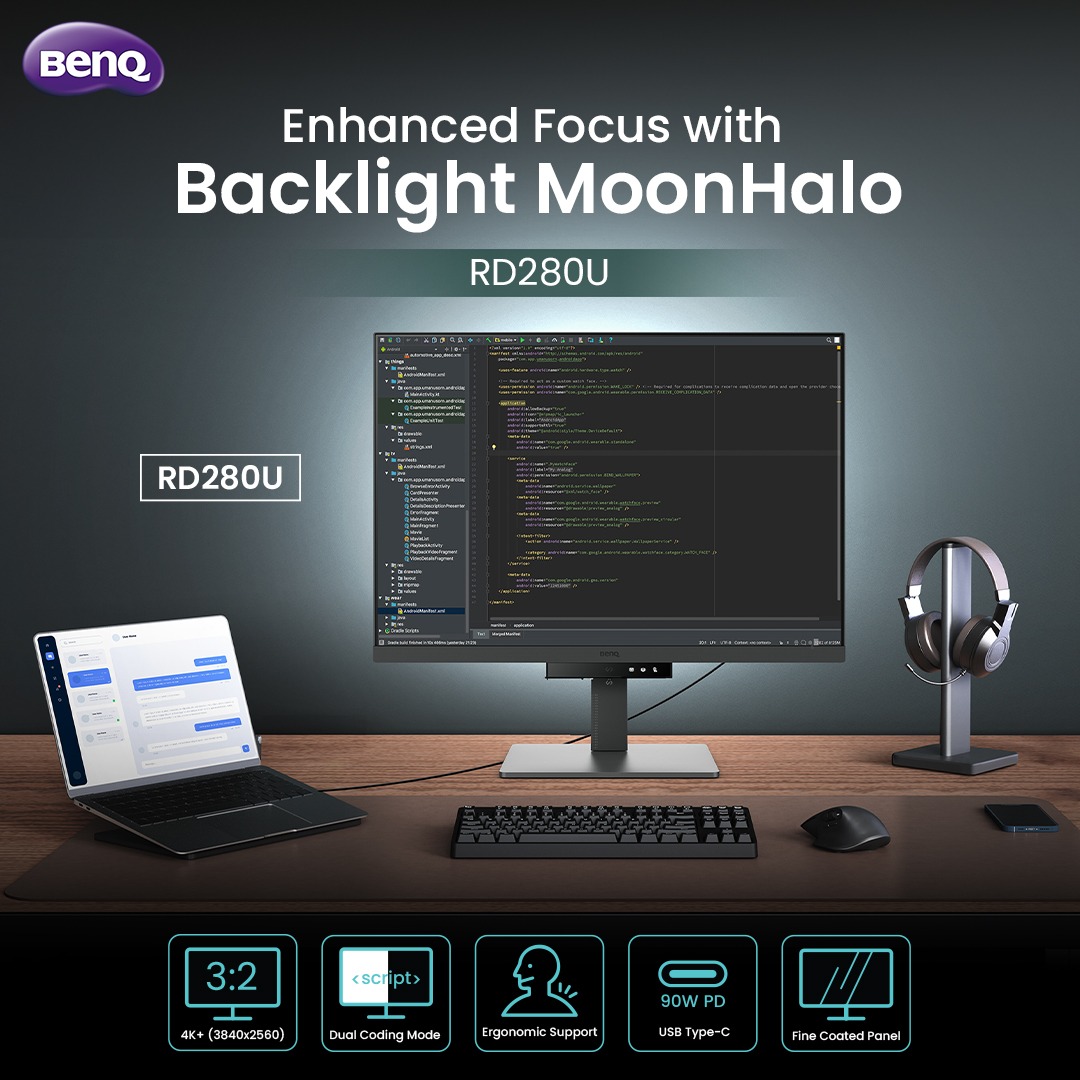 BenQIndia's tweet image. Boost productivity with the BenQ RD280U. This 28-inch 4K UHD monitor features a 16:9 aspect ratio, Moon Halo Light to reduce distractions, and coding modes for eye comfort. Plus, 90W USB Type-C power keeps your setup efficient.

 #monitor #rdseries #coders #programming #RD280U