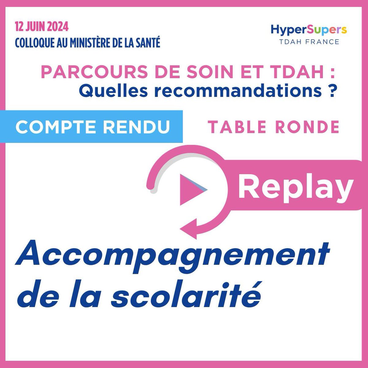 TDAHyperSupers's tweet image. #replay #colloque #12juin2024 #synthèse 
📍Accompagnement de la scolarité des enfants et adolescents avec #TDAH 
Table ronde animée par José PUIG, Délégation interministérielle, stratégie pour l’autisme.
📌Connectez vous à l&apos;espace réservé aux Adhérents.
tdah-france.fr/replay-Colloqu…