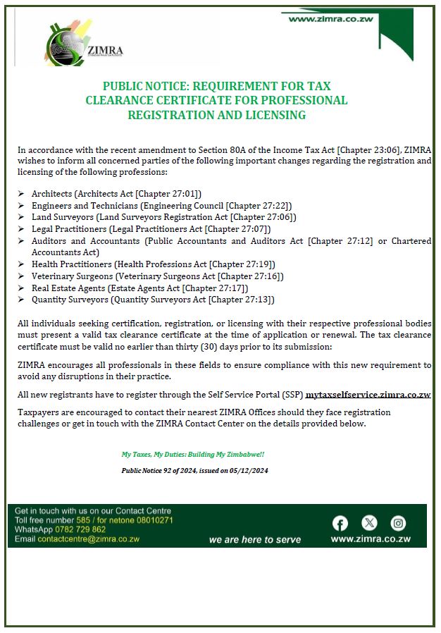 Kindly note that it is now a requirement to submit your tax clearance on renewal of practicing licenses. Check the attachments. Kindly share with other practitioners <a href="/clemynhu/">Clement Nhunzvi</a> <a href="/ZAOT_zw/">Zimbabwe Association of Occupational Therapists</a> <a href="/zimphysios/">ZPA</a> <a href="/TherapistGta/">Government Therapist Association(GTA)</a> <a href="/thewfot/">WFOT</a> <a href="/EMavindidze/">Edwin Mavindidze</a> <a href="/MnambahNyarie/">Dr Nyarie Munambah</a> @SidaMuchemwa