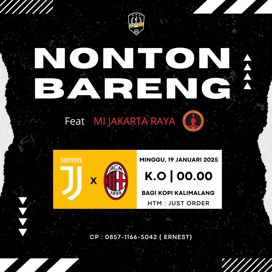 JCIndonesia's tweet photo. #InfoNobar: JCI Chapter Jakarta
JUVENTUS vs MILAN
Minggu, 19-01-2025
Open Gate: 22.00 WIB
Venue: Bagi Kopi Kalimalang https://t.co/wgUBEiBtuH