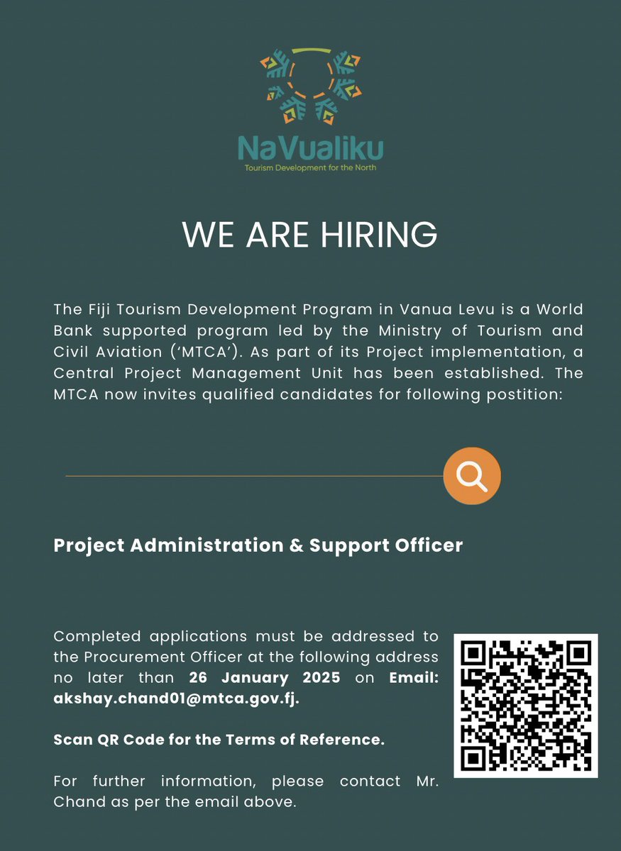 | EXPRESSIONS OF INTEREST |

To support Phase I of the Vanua Levu Tourism Development program or the Na Vualiku Project, we are looking for a Project Administration and Support Officer to join our Central Project Management Unit.