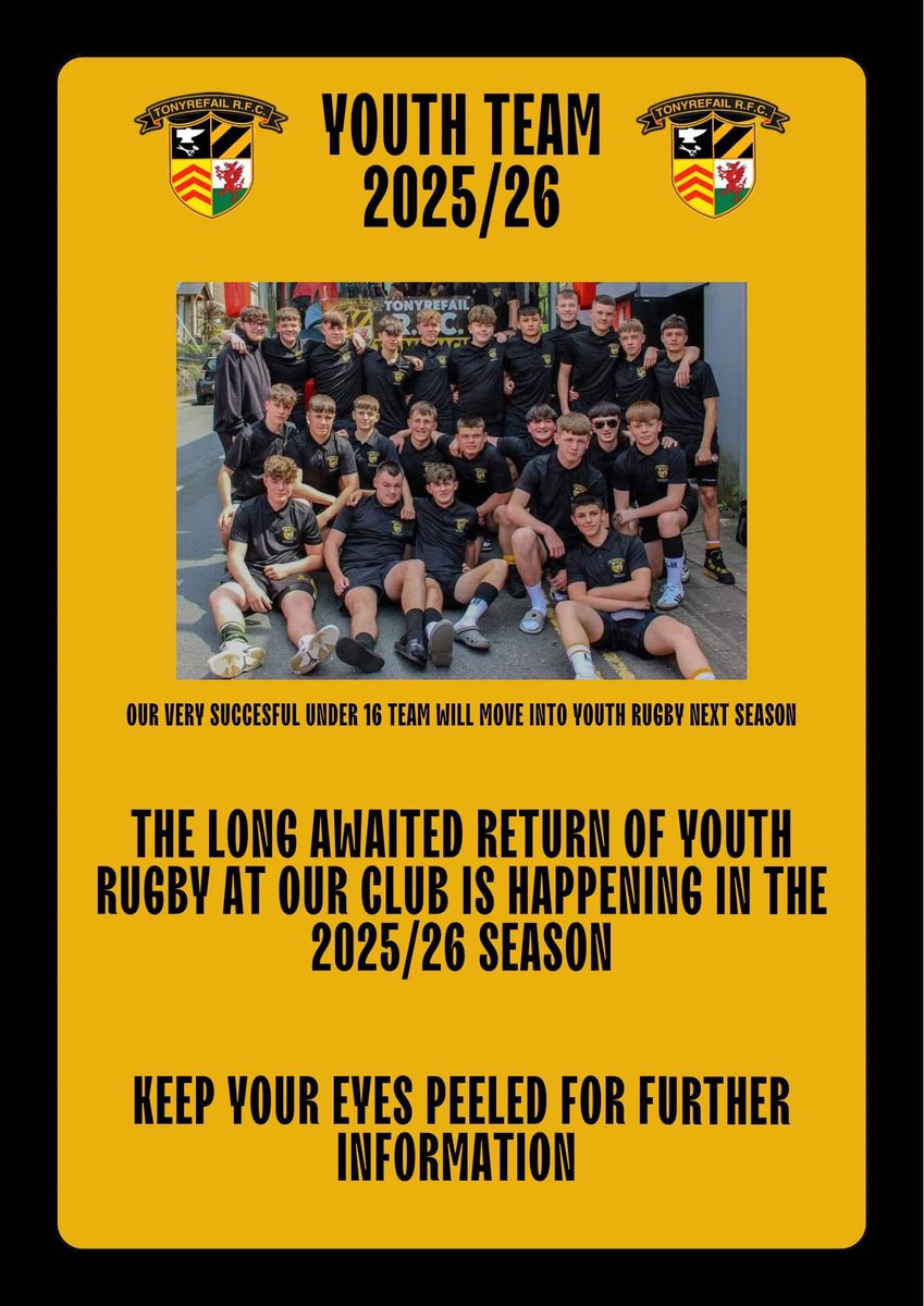 🚨 Youth Team 🚨

We are delighted to announce that youth rugby will return to Tonyrefail RFC next season

More information coming soon on pre season dates and contact details if you wish to join our club! 

🖤🧡