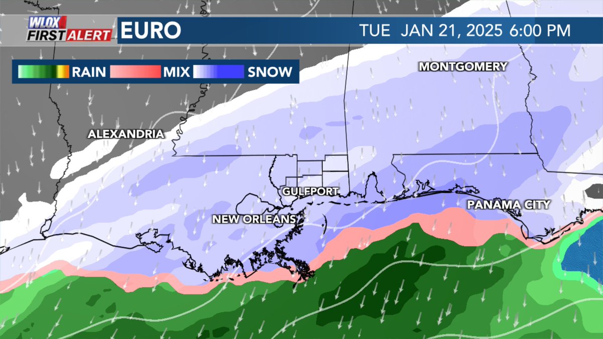 Weatheric's tweet image. Up late tonight watching latest Euro model run come in. It falls in line with tonight's GFS run showing potential for a winter storm along the I-10 corridor. This is still not locked in. A lot can change over the next 4-5 days, but trends are getting interesting. #mswx @WLOX