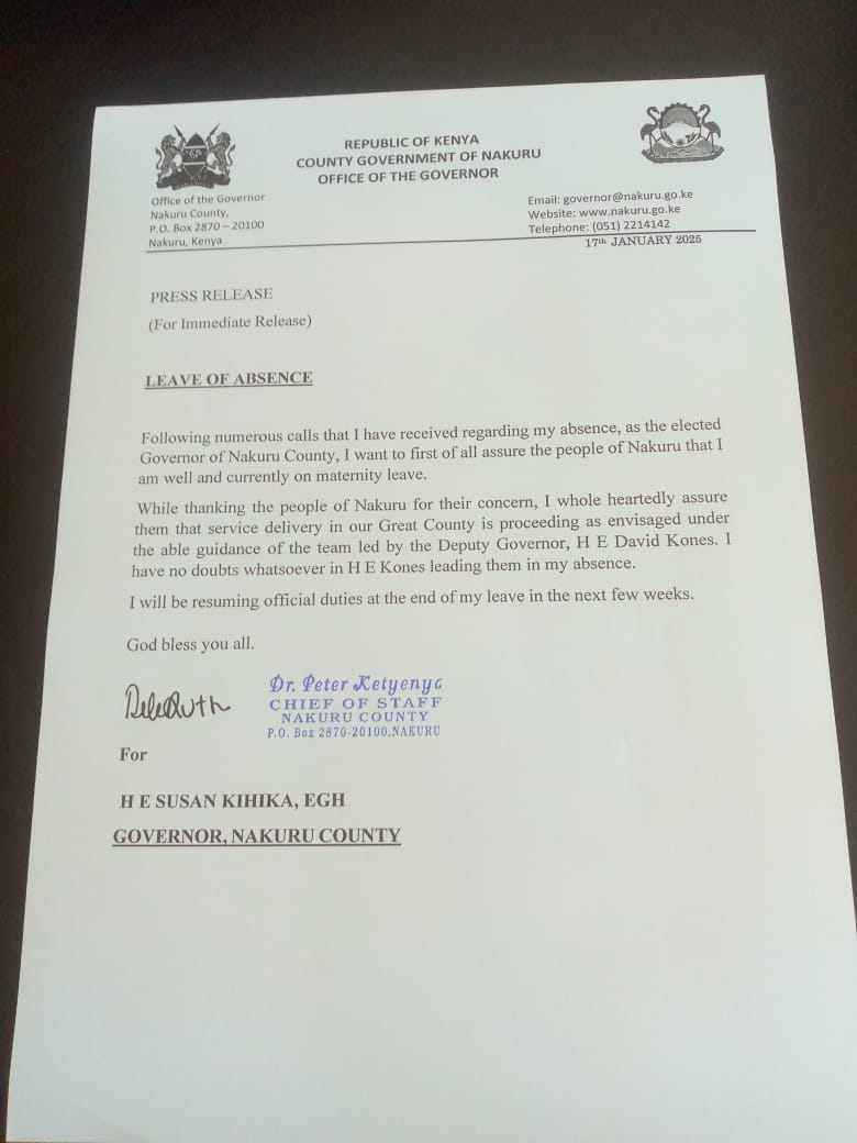 Governor Susan Kihika away on Maternity leave for the past three months.