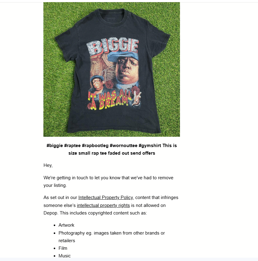 KingsleyYoung's tweet photo. @askdepop @depop I just got banned for a shirt. please search Biggie on depop https://t.co/uANWp5I4i1 and you'll see the same shirt I got banned for.  I'm unsure why my account can't be reinstated. With the reps logic then everyone on depop should be banned https://t.co/PSocTiVKte