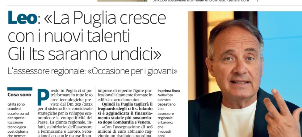 Attivato il bando per una Fondazione #Its per Sistema Casa e Ambiente costruito, ultimo tassello mancante nel mosaico degli its pugliesi.
Ne parliamo nell'intervista all’assessore regionale a Formazione e Lavoro, Leo. Oggi, Speciale Formazione del #CorrieredelMezzogiorno.