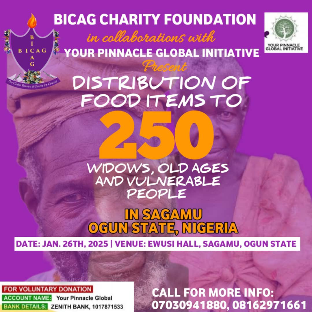The BICAG Charity Foundation, in collaboration with Your Pinnacle Global Initiative.  #Fooddistribution #Communitysupport  #Widowsupport #Elderlycare #Humanitarianservice #Sagamu #OgunState #Nigeria #Domiciliarycare #BICAGFoundation #supportingyourwellbeing
#YPGInitiative