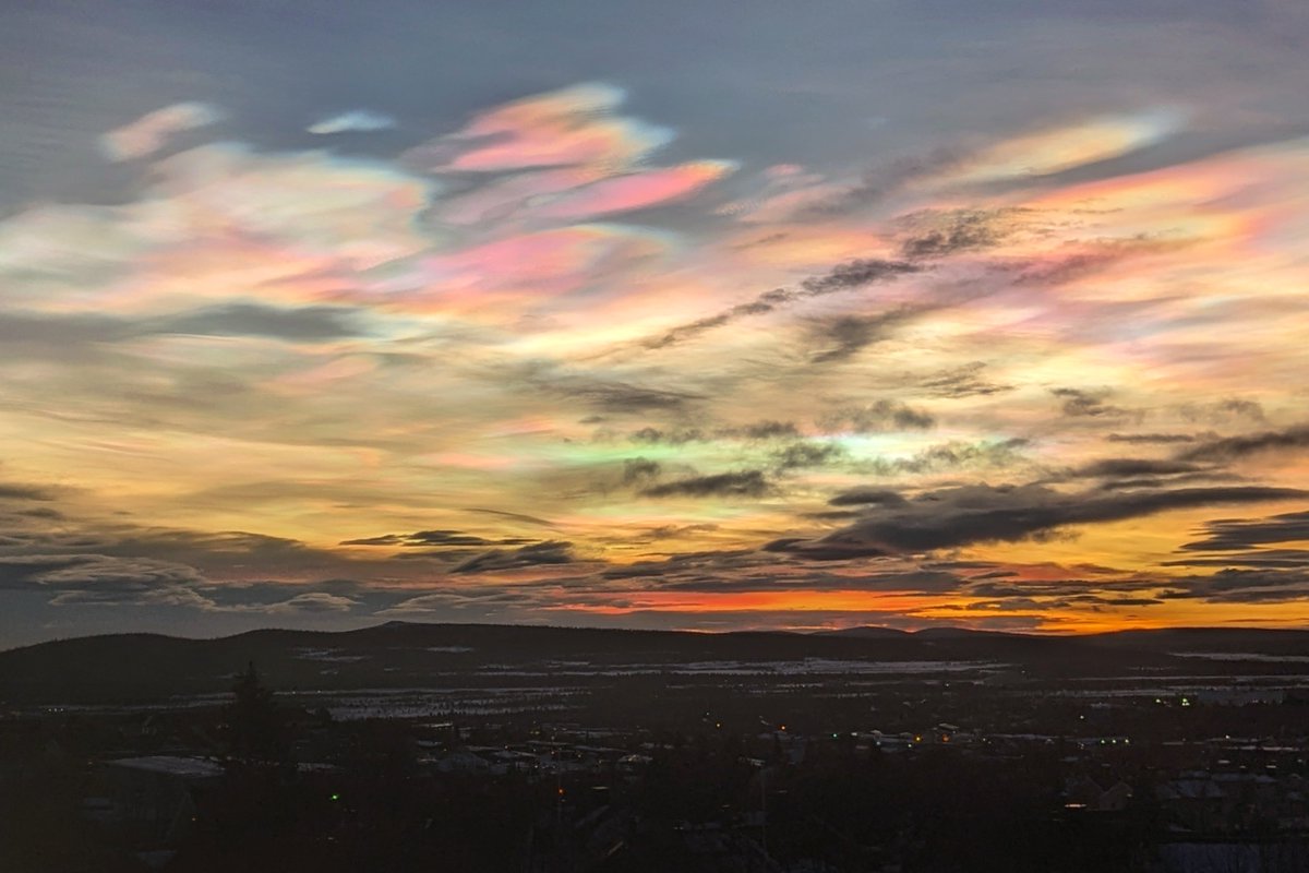 Polar stratospheric clouds for several days in a row now here in the subarctic. 
They are almost unbelievably beautiful but also linked to the destruction of the ozone layer.