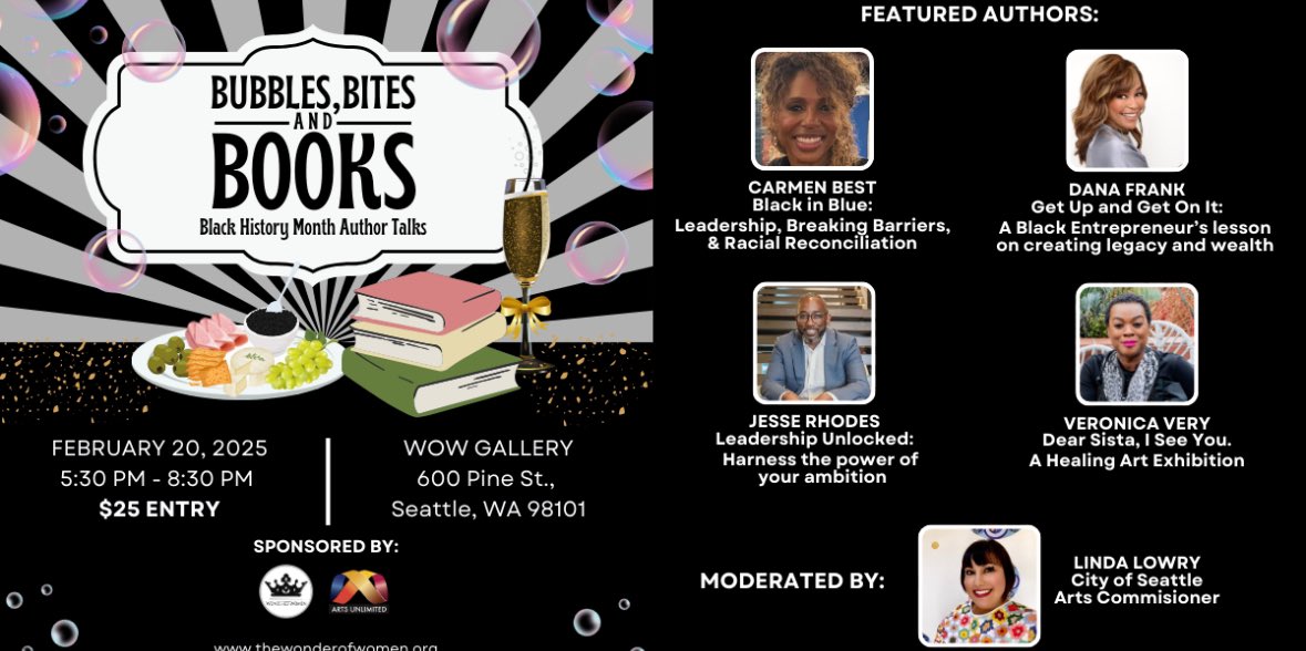 Join us for Bubbles, Bites and Books!

Celebrate Black History Month at a special event featuring three African-American authors! Dive into enriching conversations as we share insights from our books. 

Tickets: thewonderofwomen.org. just $25 per person! Invite everyone!