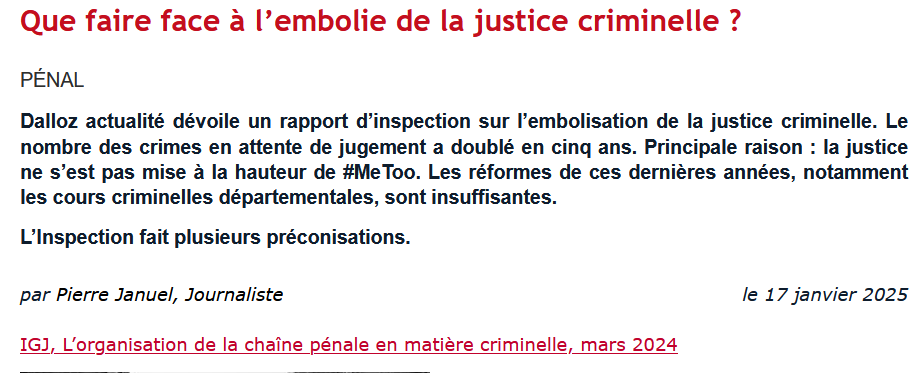 Avec plus de 4000  dossiers en attente de jugement, la justice criminelle est embolisée
Dans <a href="/Dalloz/">Editions Dalloz</a>, je révèle un rapport d'inspection sur le sujet. Si on n'arrive pas à juger les crimes, c'est parce la justice ne s’est pas mise à la hauteur de #MeToo. 
dalloz-actualite.fr/flash/que-fair…