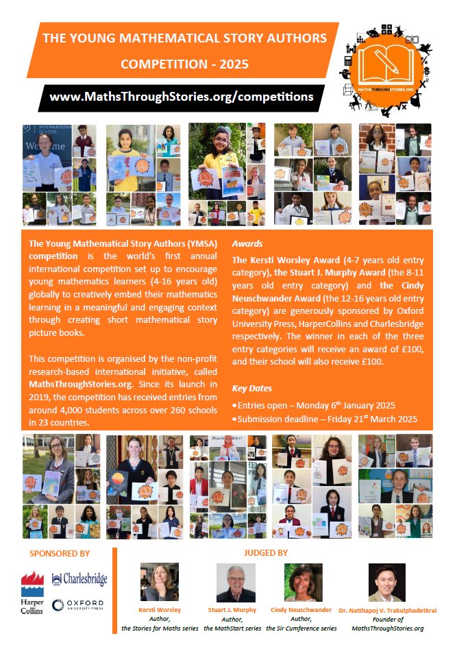 OUPPrimary's tweet photo. 📢 The Young Mathematical Story Authors competition is NOW OPEN!
📚 Encourage your pupils to create their own mathematical story picture books. Age categories: 4-7, 8-11, 12-16.
⏰ Entries close Friday 21 March 2025.
Find out more: https://t.co/rvjRZjoHJe
#YMSAMaths https://t.co/1osPYbglc1