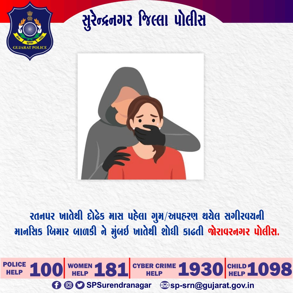 SPSurendranagar's tweet photo. રતનપર ખાતેથી દોઢેક માસ પહેલા ગુમ/અપહરણ થયેલ સગીરવયની માનસિક બિમાર બાળકીને મુંબઇ ખાતેથી શોધી કાઢતી જોરાવરનગર પોલીસ.

@dgpgujarat 
@GujaratPolice 
@IGP_RajkotRange https://t.co/vmx26ENpUG