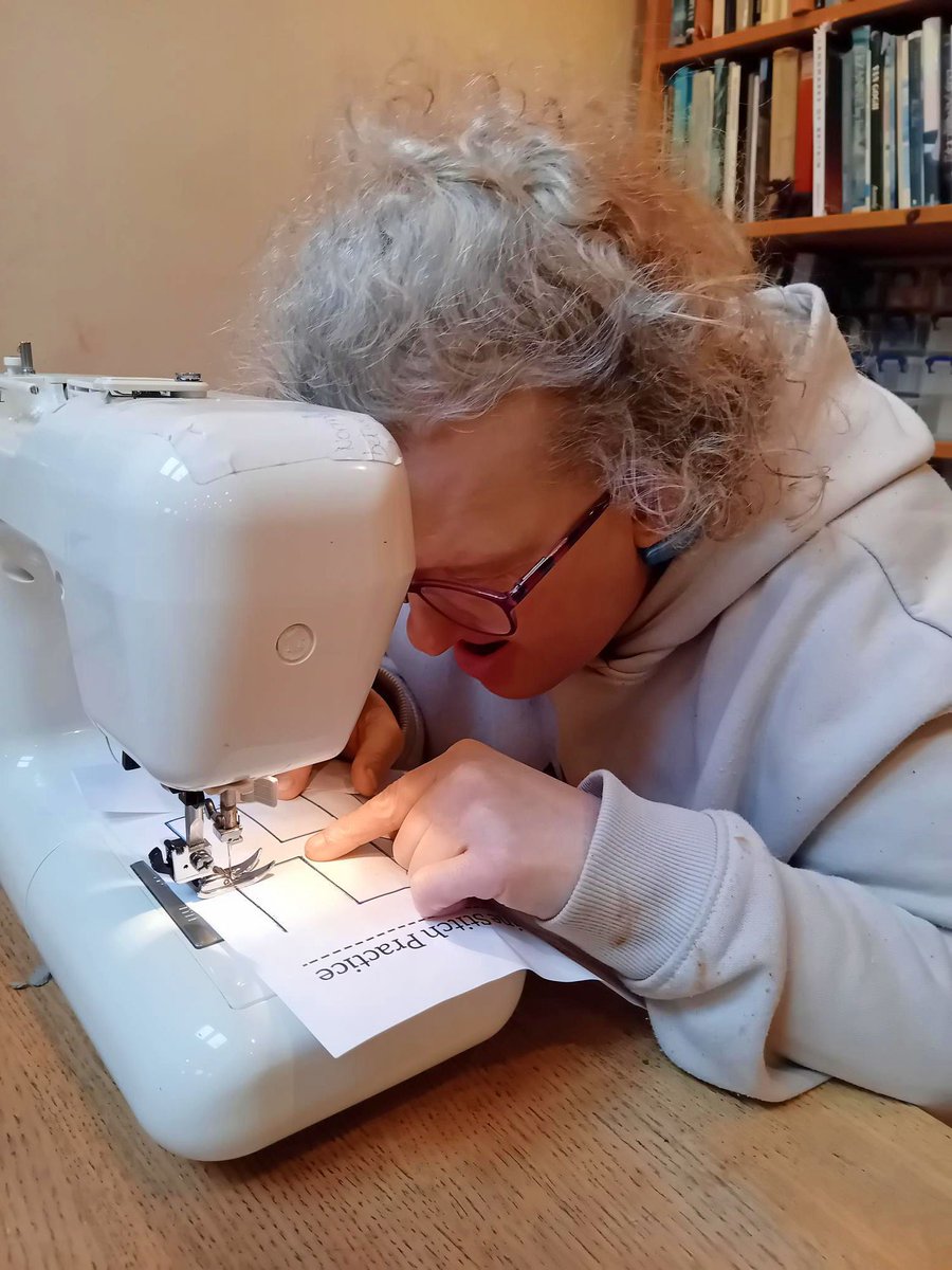 CamphillMK's tweet photo. In our Textiles Workshop, our residents Alex, Ali, Tamsin and Chloe have been practising their sewing machine skills by following lines on paper. 👍 💜 
It's not as easy as it looks, so we're very impressed with their abilities and perseverance. 

#CamphillMK #Textiles #Abilities #SewingMachine #NewSkills