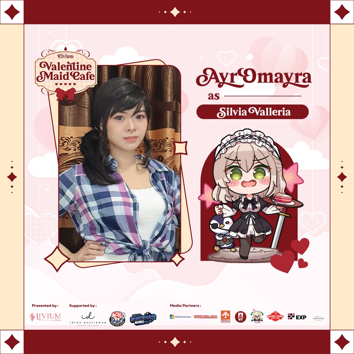 ProjectLivium's tweet photo. 🔓Last but not least. Ini dia komandan kita: Silvia Valleria! 

Diperankan oleh kak AyrOmayra yang keren abiez 🔥 Jangan macem-macem ya, nanti kamu bisa kena⚔️🫶

Hanya di Livium Valentine Maid Cafe!! ☕️ 
🗓️15 Februari 2025 
📍Kopi Kodam Tebet, Jakarta Selatan 
 
Penjualan tiket mulai 19 & 29 Januari!! 🎟️✨