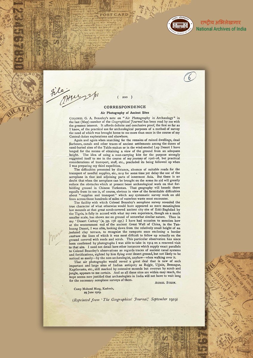 IN_Archives's tweet image. #ArchiveOfTheWeek

#NAI presents a note by Aurel Stein on &quot;Air Photography in Archaeology&quot; from Camp Mohand Marg, Kashmir, along with a sketch of a Bird&apos; s-eye view of features and definitions, dated 29 June 1919.

-ASI, Archaeology, 1920, Fn. No. 4