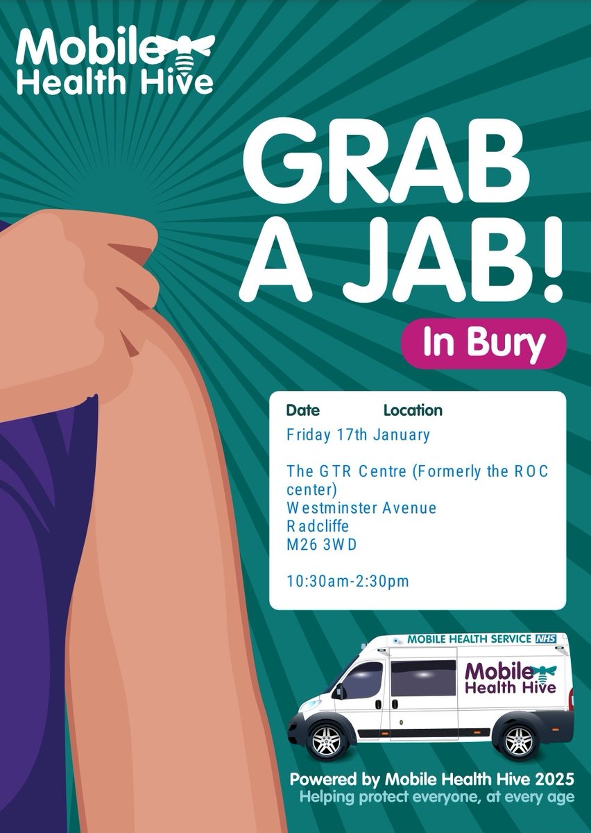 Older Peoples Staying Well Team (@older_team) on Twitter photo Come #GrabAJab at one of the two clinics running in Bury today!
Friday 17th January!
Growing together Radcliffe Centre - 10:30am-2:30pm (indoors)
Asda Pilsworth - 10:30am-2:30pm (health Van)
<a href="/Bury_Gp_Fed/">Bury GP Federation</a>
<a href="/BuryCouncil/">Bury Council</a>
<a href="/BuryDirectory/">The Bury Directory</a> Come #GrabAJab at one of the two clinics running in Bury today!
Friday 17th January!
Growing together Radcliffe Centre - 10:30am-2:30pm (indoors)
Asda Pilsworth - 10:30am-2:30pm (health Van)
<a href="/Bury_Gp_Fed/">Bury GP Federation</a>
<a href="/BuryCouncil/">Bury Council</a>
<a href="/BuryDirectory/">The Bury Directory</a>